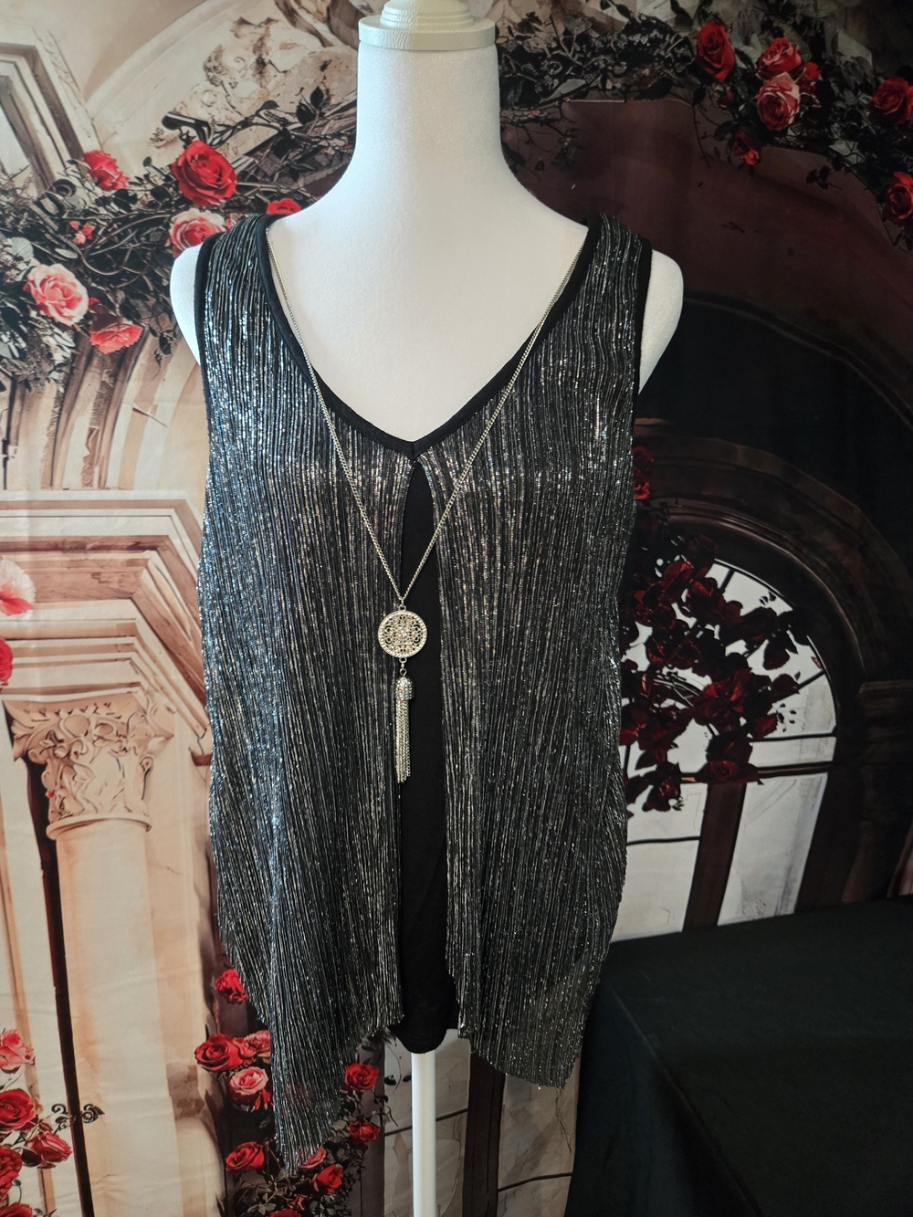 Iz Byer Black Metallic Sheer Layered Sleeveless Top